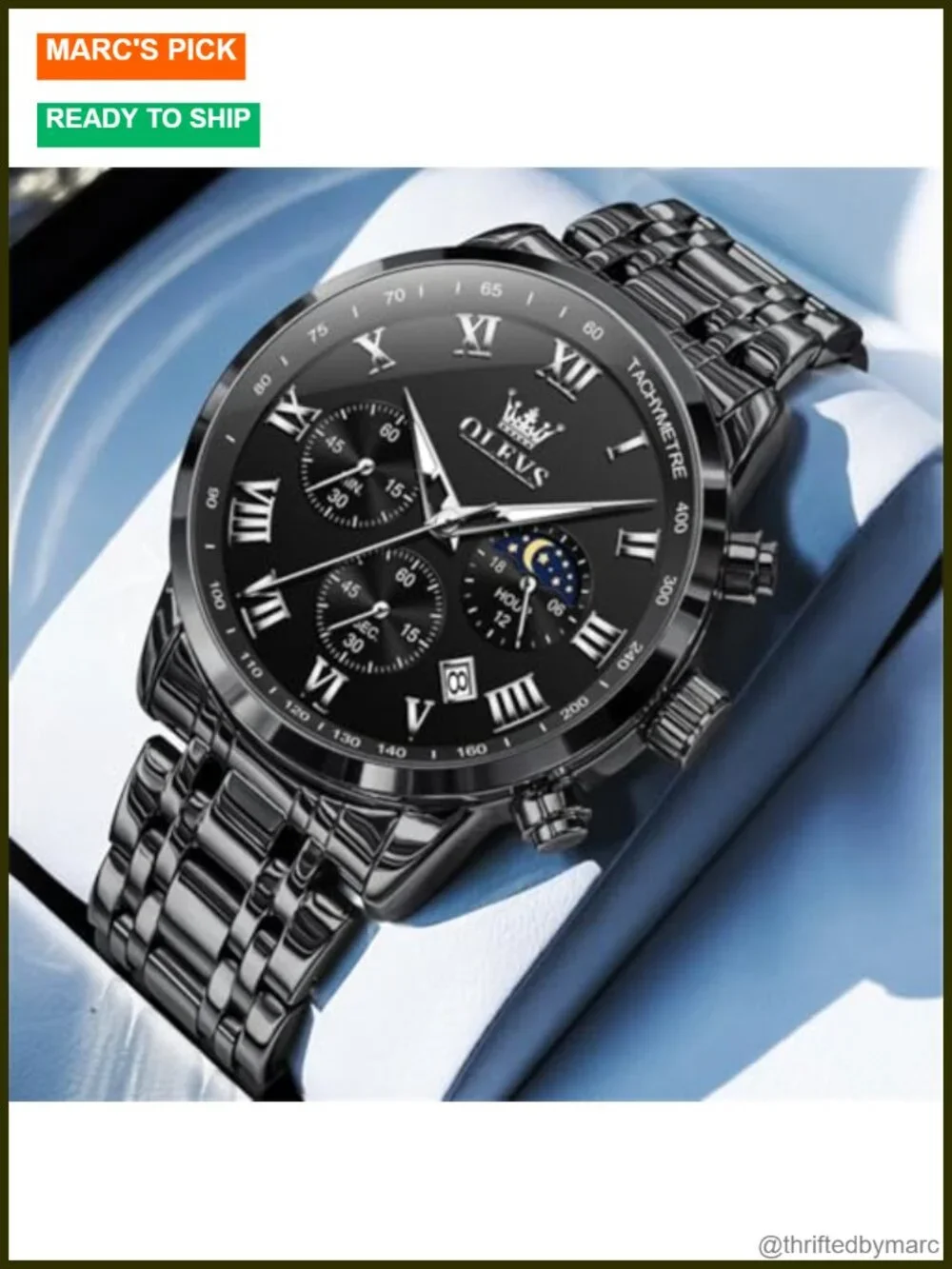 Men's Big Face Stainless Steel Quartz Chronograph Moon Phase Date Luminous
